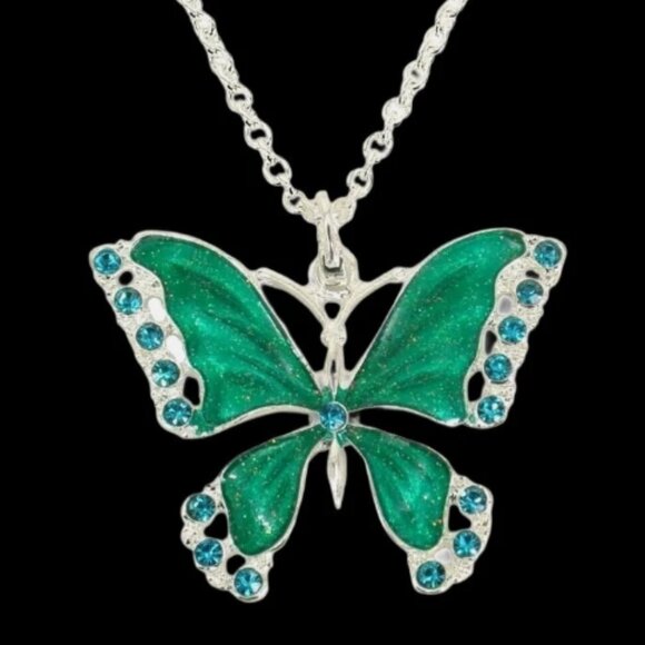 Large green butterfly pendant necklace in shiny enamel and blue crystals - Picture 6 of 7